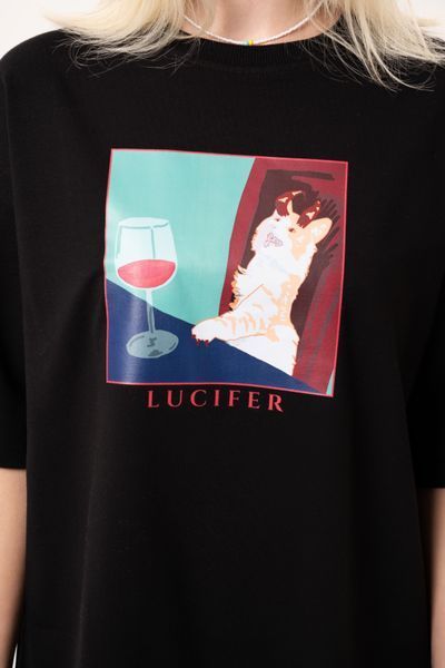 Жіноча футболка оверсайз з принтом кота Lucifer  wLU-TB-SM фото